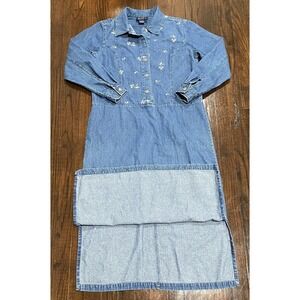 Vtg Blue J 90's Denim Long Sleeve Maxi Dress Sz S Embroidered Flowers Y2K Collar